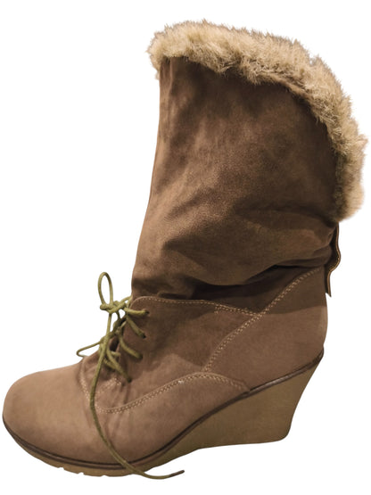Claudia Ghizzani Women’s Wedge Ankle Boots – Faux Fur Trim Lace-Up – 41