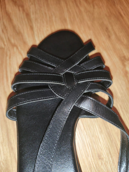 TLC Women's Black Real Leather Strappy Low Wedge Sandals – Size EU 38 / UK 5