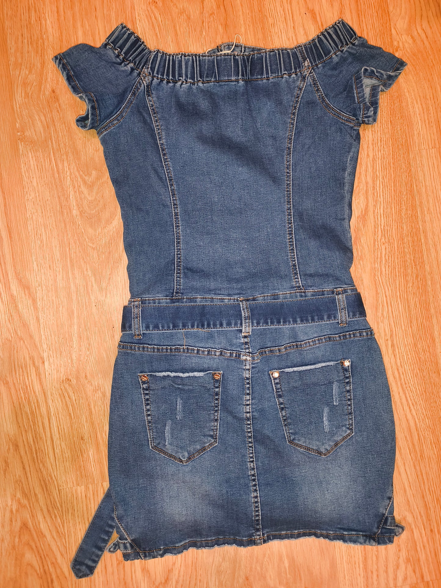 Original Denim Blue Denim Mini Dress – Distressed Detail with Belt, Size M/38