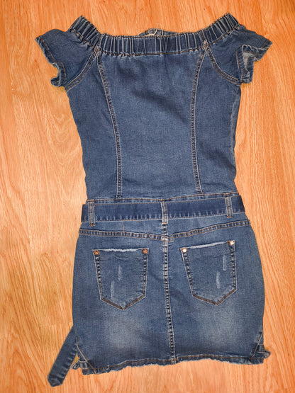 Original Denim Blue Denim Mini Dress – Distressed Detail with Belt, Size M/38