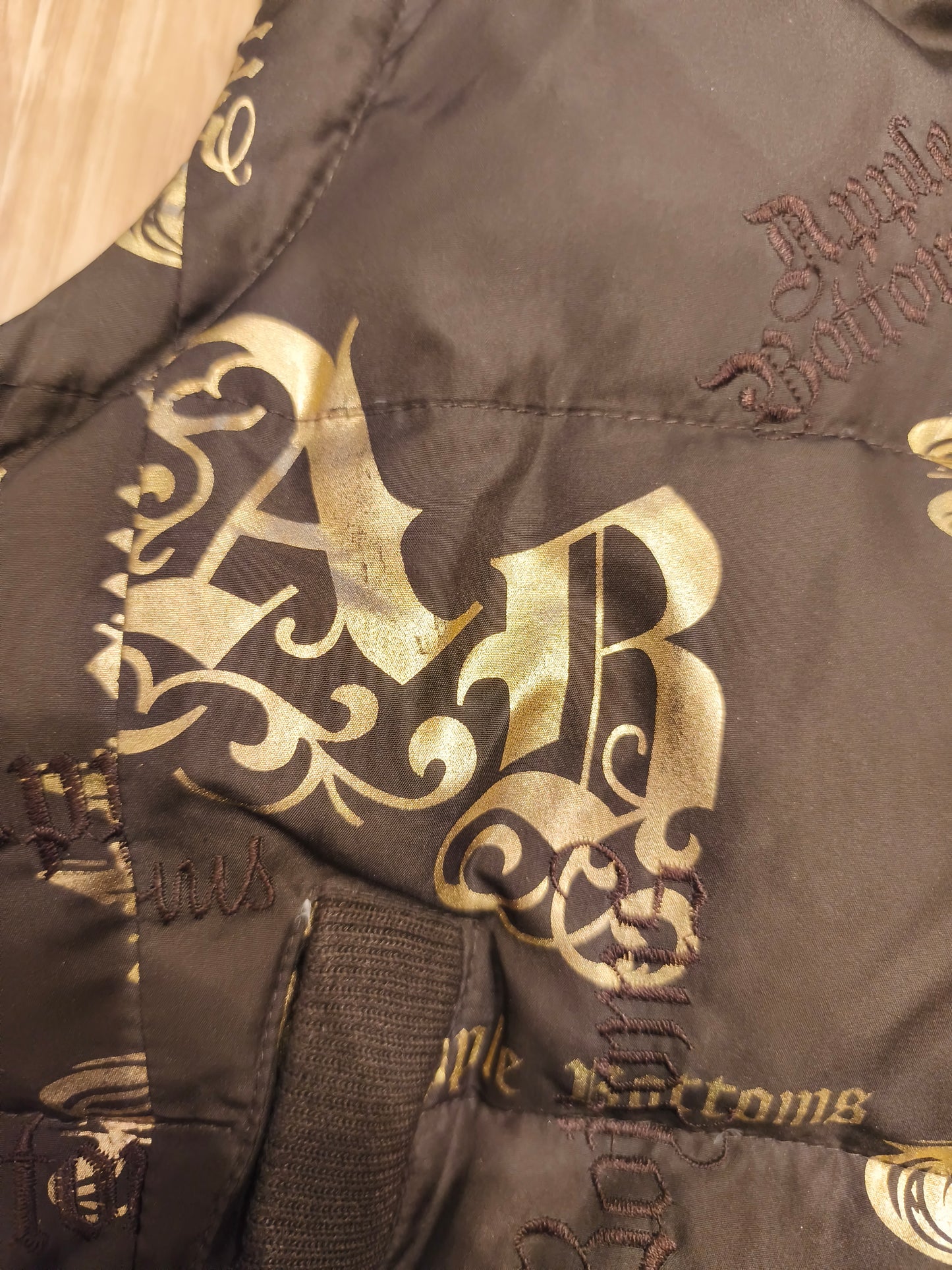 Rare VTG Apple Bottoms Real Down Puffer Vest Black Gold Satin McBling Hooded M
