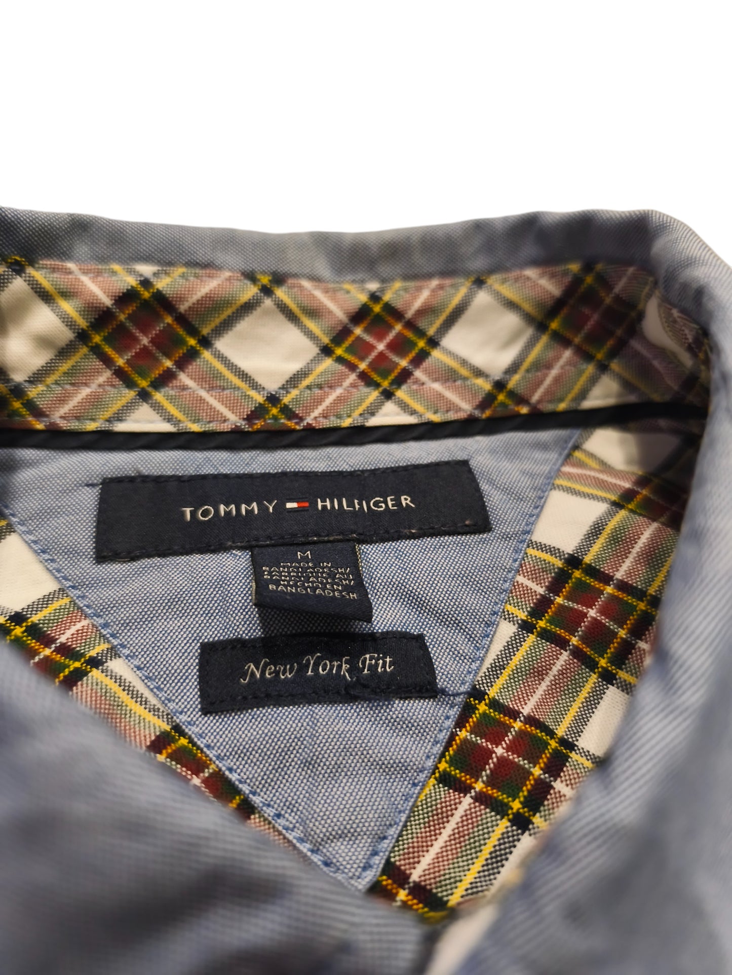 Tommy Hilfiger Shirt Mens Medium Blue Oxford Plaid Elbow Patches New York Fit