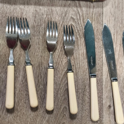 Vintage Sheffield Chrome Plate Cased Fish Cutlery Set 12Pc Faux Bone Knives Fork