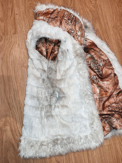 Vintage Fellymoon Tiered Faux Fur Hooded Vest - Alphabet Satin Lining (Size XXL)