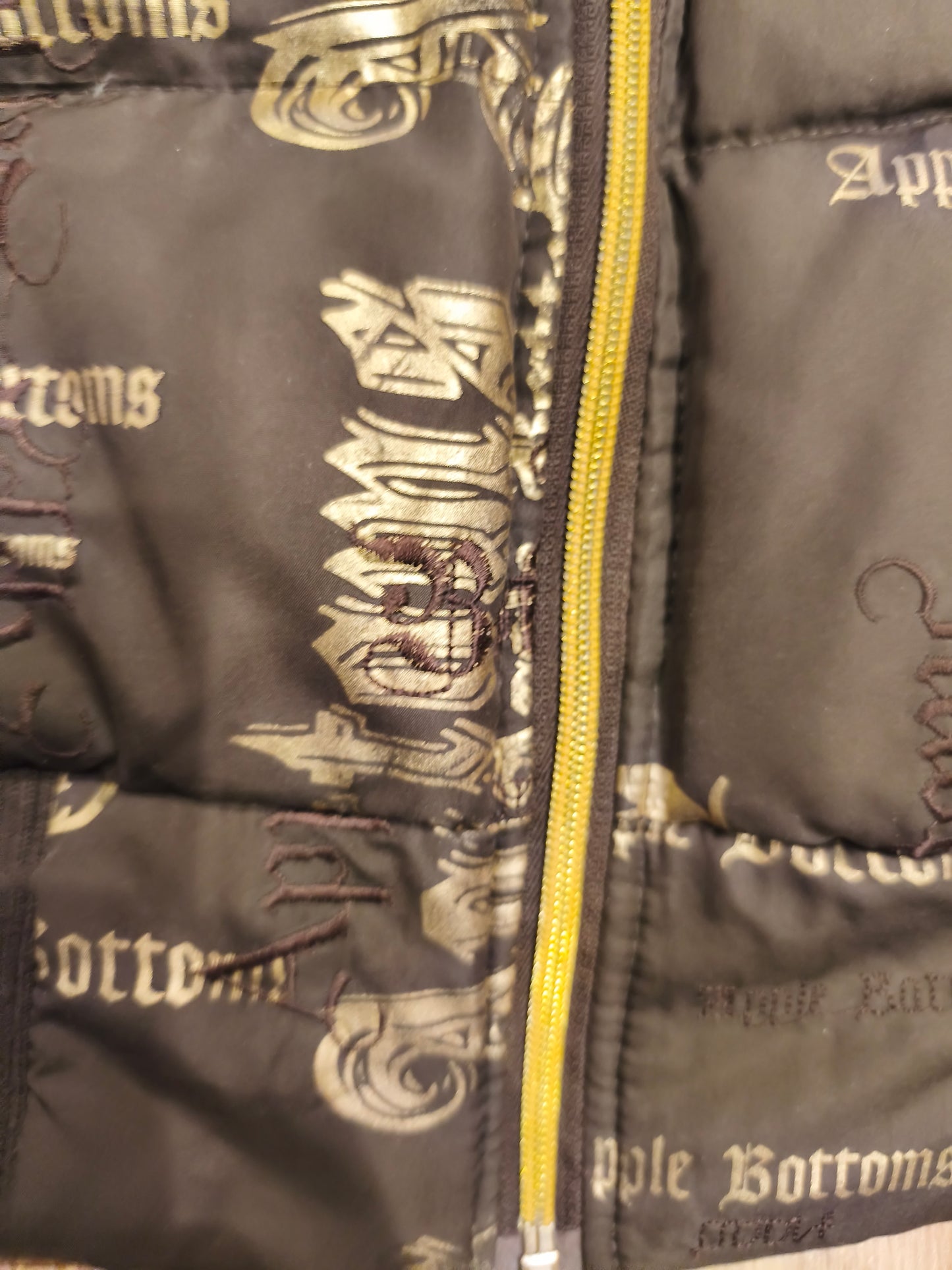 Rare VTG Apple Bottoms Real Down Puffer Vest Black Gold Satin McBling Hooded M