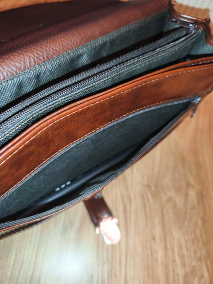 Vintage Style Brown Faux Leather Messenger Bag / Business Briefcase with Multiple Compartments