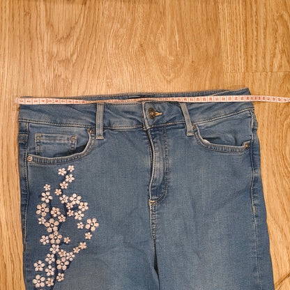 F&F Women Floral Embroidered Jeans Blue Stretch Skinny Raw Hem UK 10 US 6 EUR 38