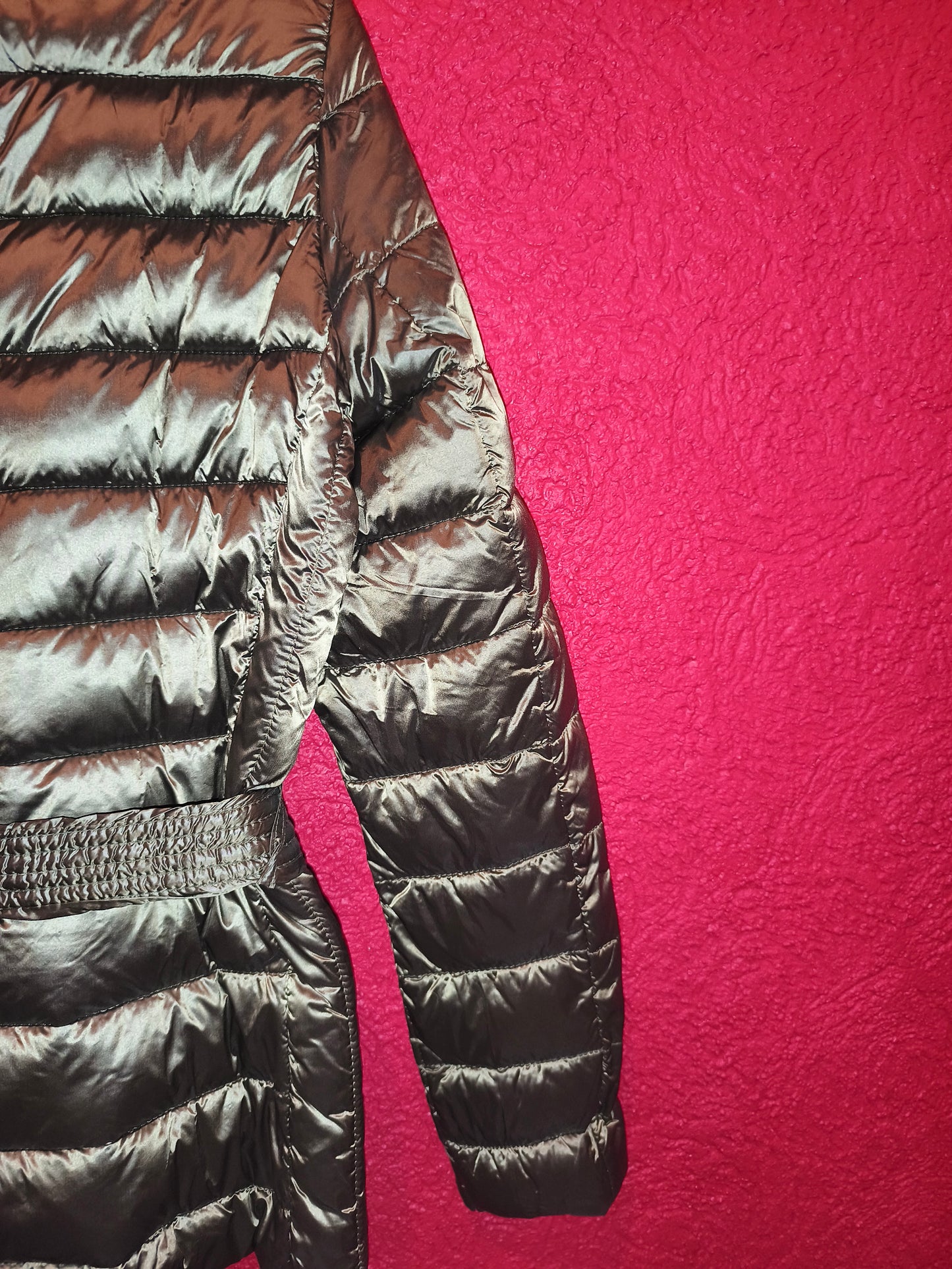 Esmara Metallic Olive Green Belted Lightweight Puffer Jacket | NWT S 36/38 (Minor Wear)