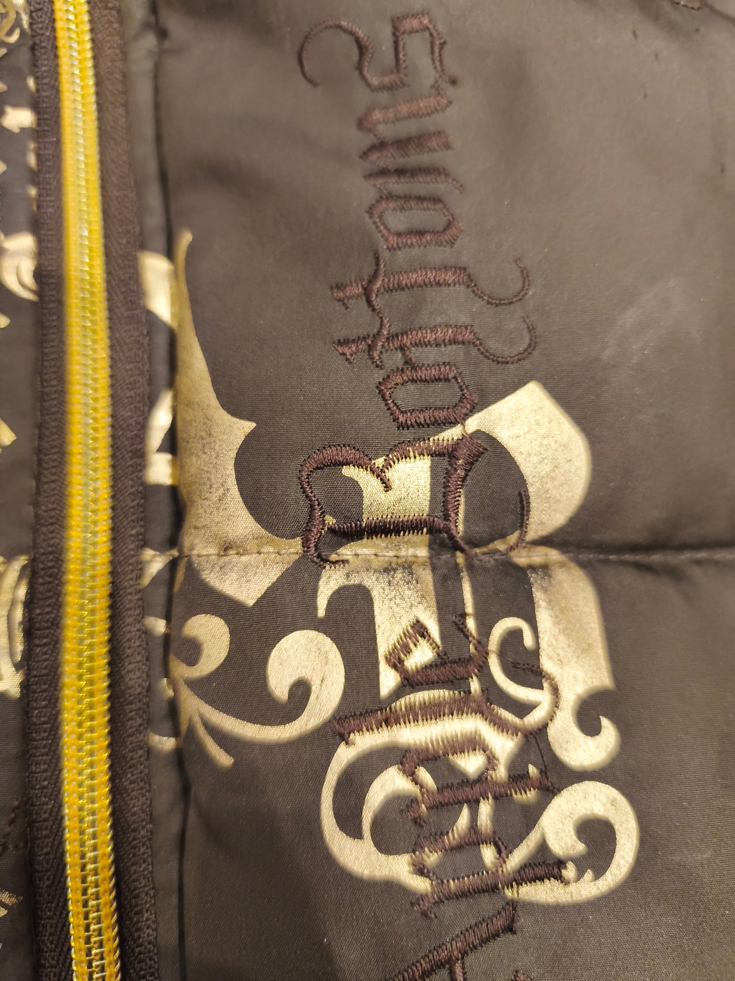 Rare VTG Apple Bottoms Real Down Puffer Vest Black Gold Satin McBling Hooded M