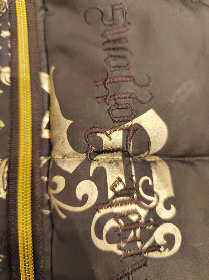 Rare VTG Apple Bottoms Real Down Puffer Vest Black Gold Satin McBling Hooded M