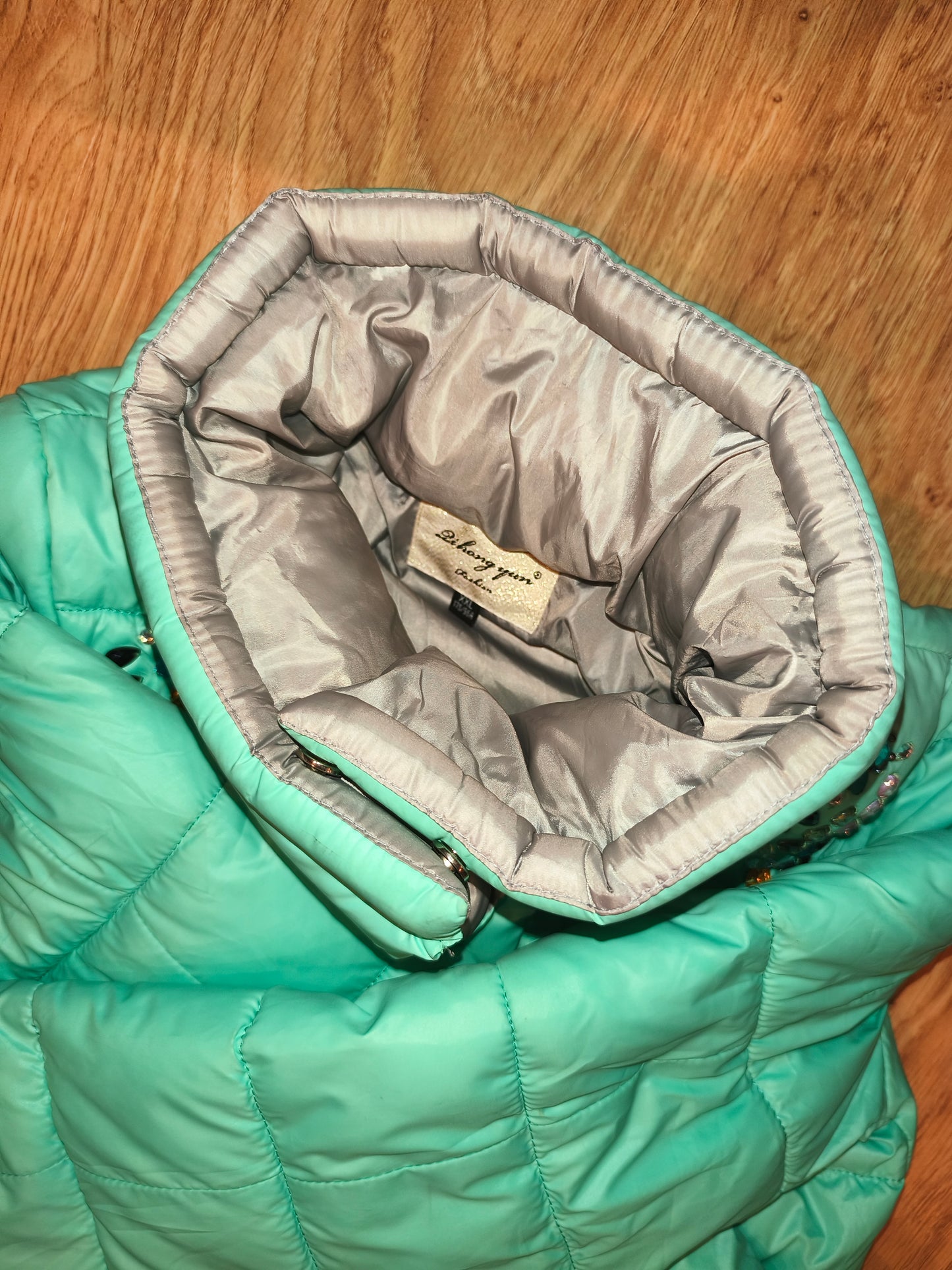 Qi Hong Yun Embellished Puffer Jacket - Mint Green/Teal Gem Accent (Size XXL / fits L-XL)