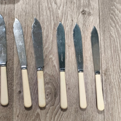 Vintage Sheffield Chrome Plate Cased Fish Cutlery Set 12Pc Faux Bone Knives Fork