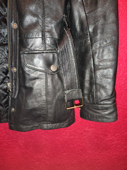 AVIATRIX Genuine Black Leather Belted Utility Jacket Fur Hood | Women's Size XL