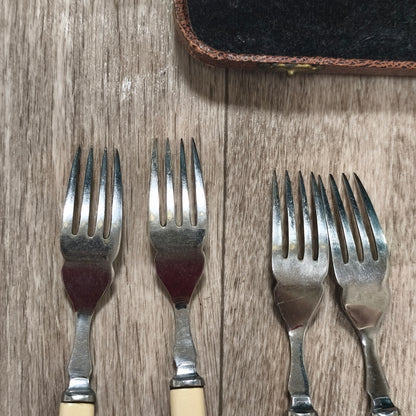 Vintage Sheffield Chrome Plate Cased Fish Cutlery Set 12Pc Faux Bone Knives Fork