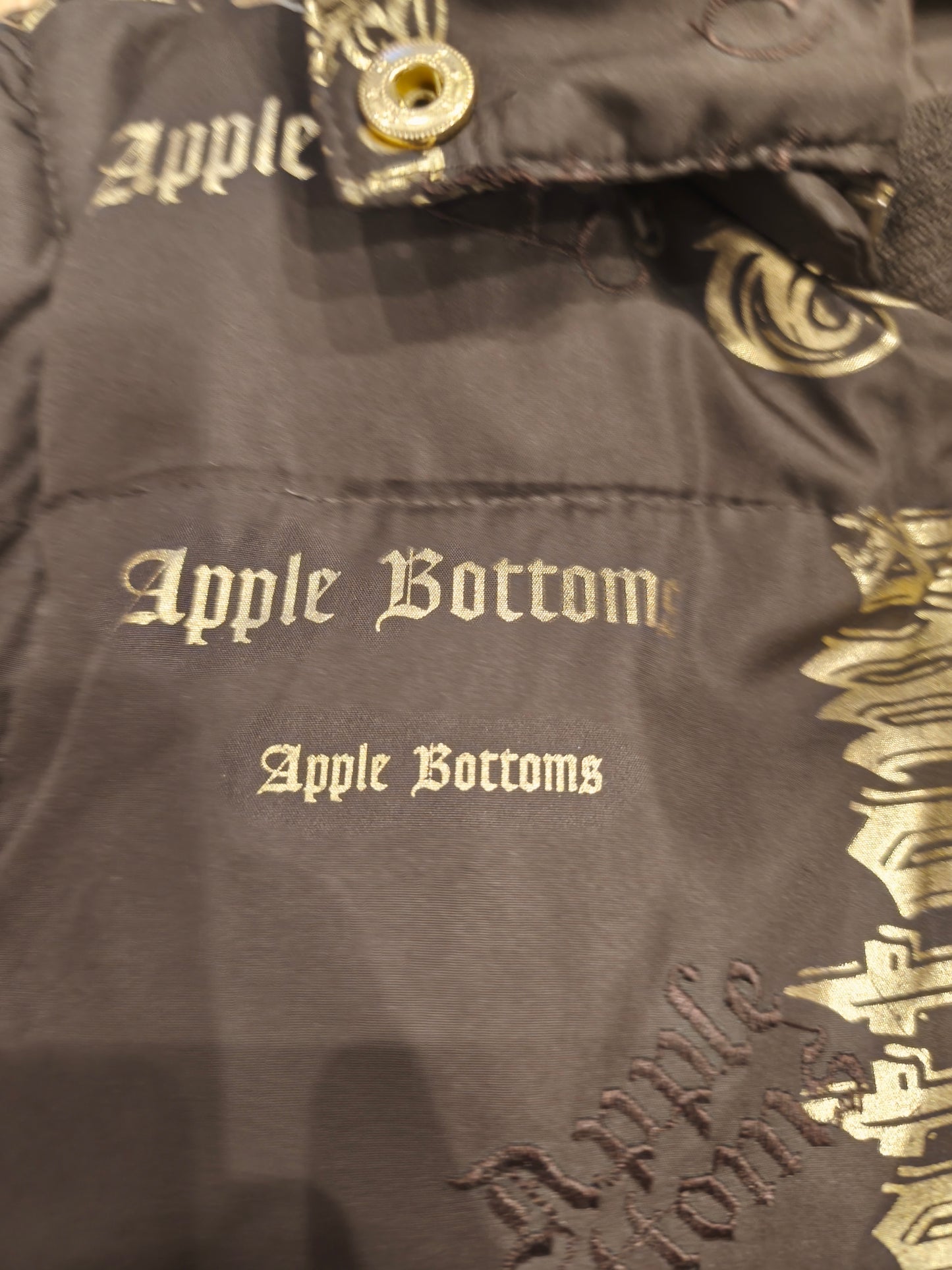 Rare VTG Apple Bottoms Real Down Puffer Vest Black Gold Satin McBling Hooded M