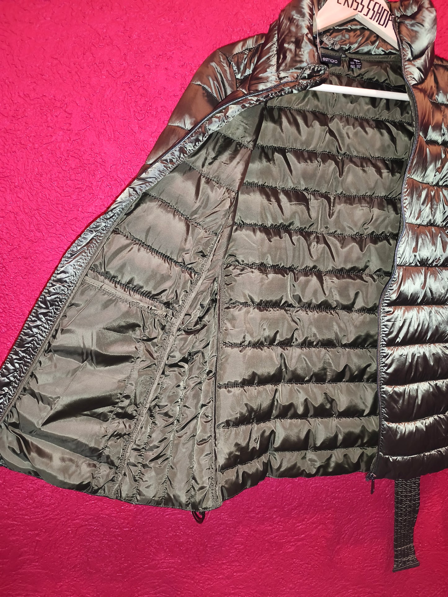 Esmara Metallic Olive Green Belted Lightweight Puffer Jacket | NWT S 36/38 (Minor Wear)