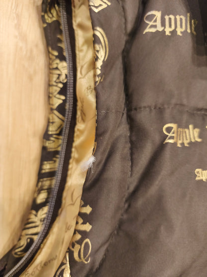 Rare VTG Apple Bottoms Real Down Puffer Vest Black Gold Satin McBling Hooded M