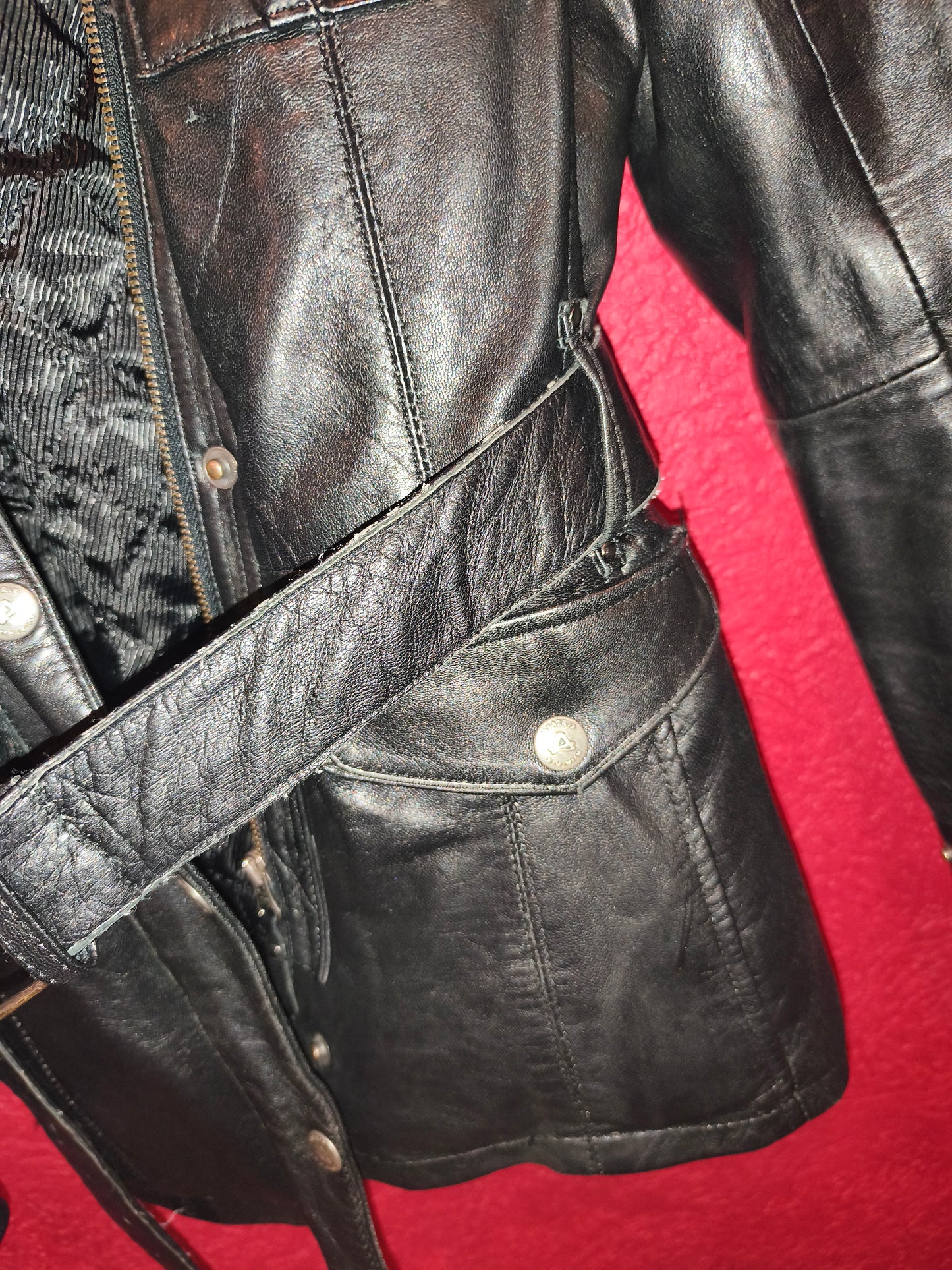 AVIATRIX Genuine Black Leather Belted Utility Jacket Fur Hood | Women's Size XL