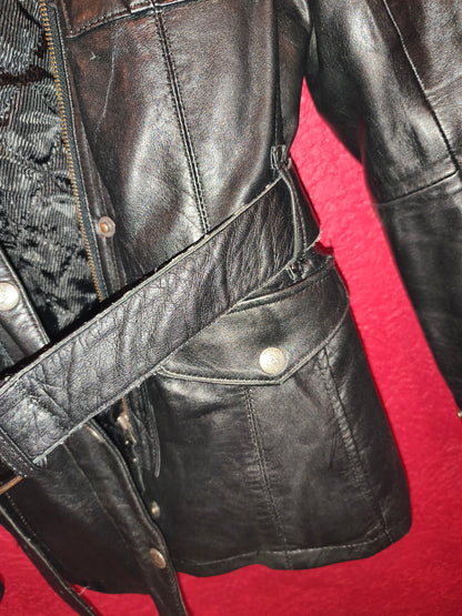 AVIATRIX Genuine Black Leather Belted Utility Jacket Fur Hood | Women's Size XL