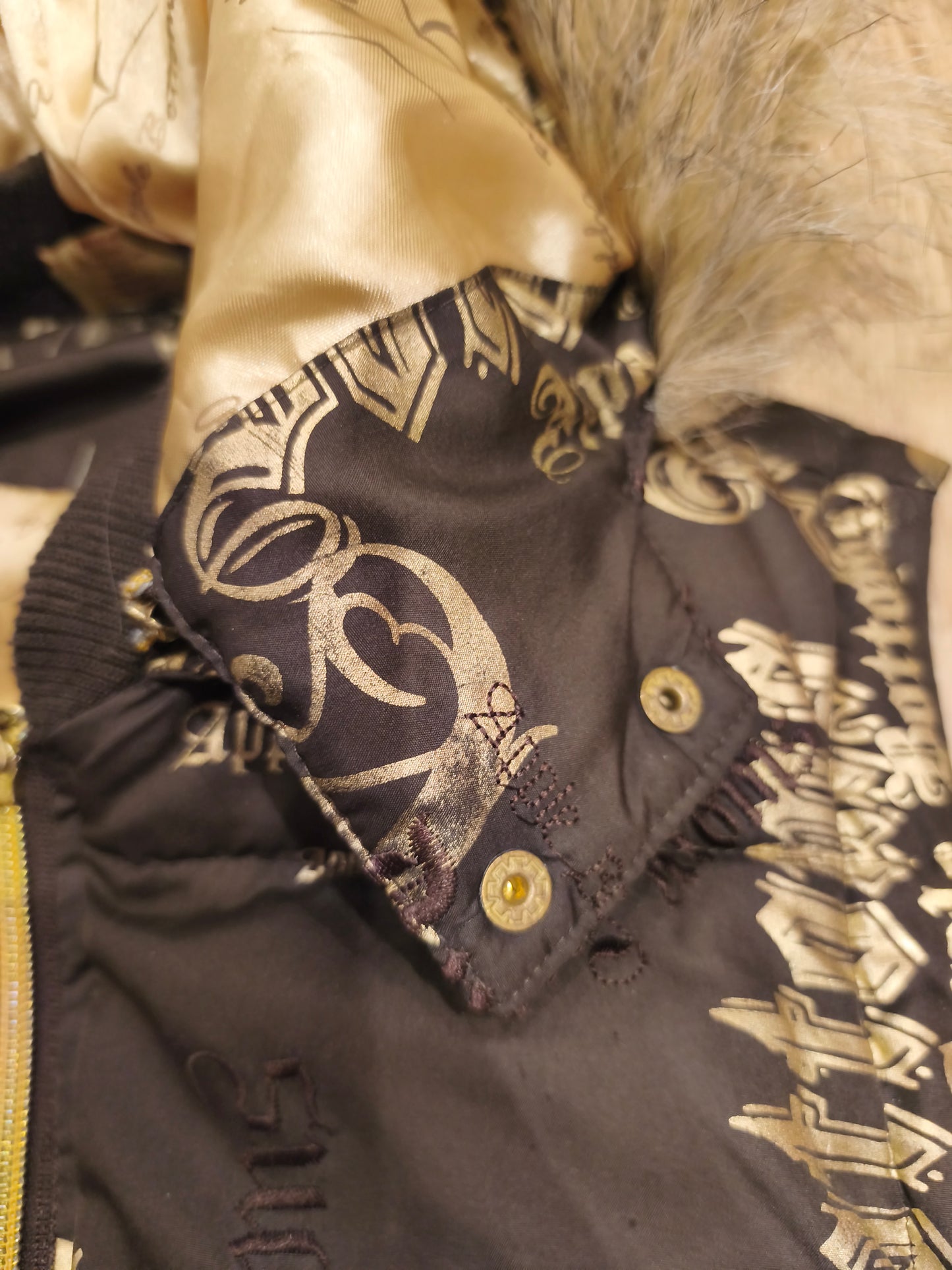 Rare VTG Apple Bottoms Real Down Puffer Vest Black Gold Satin McBling Hooded M