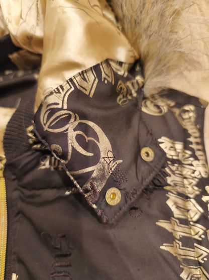 Rare VTG Apple Bottoms Real Down Puffer Vest Black Gold Satin McBling Hooded M