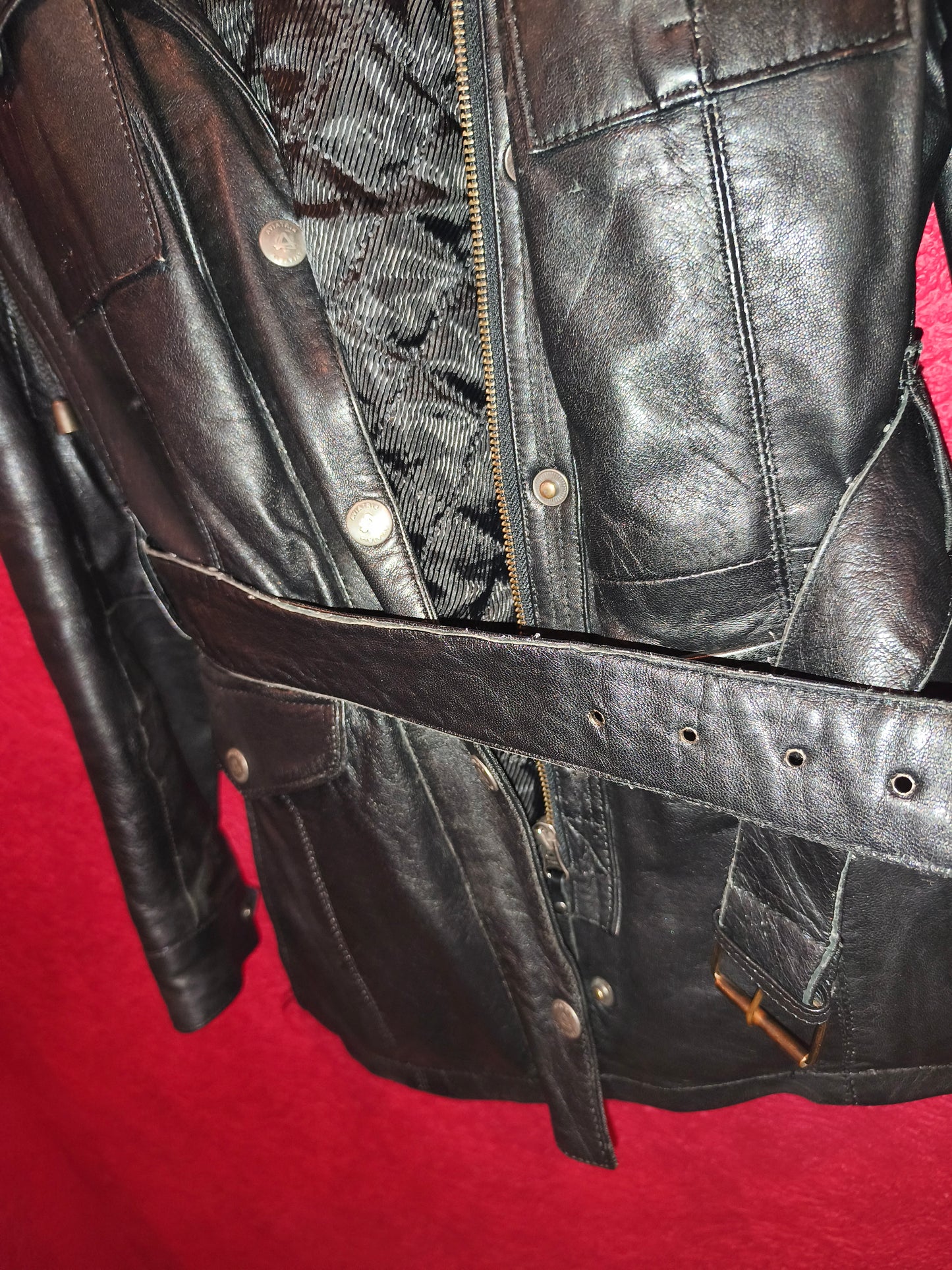 AVIATRIX Genuine Black Leather Belted Utility Jacket Fur Hood | Women's Size XL