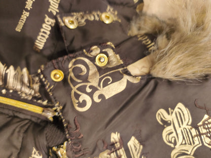 Rare VTG Apple Bottoms Real Down Puffer Vest Black Gold Satin McBling Hooded M