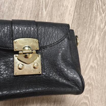 Black Textured Faux Leather Flap Crossbody Shoulder Bag Gold Hardware Lock