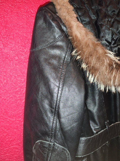 AVIATRIX Genuine Black Leather Belted Utility Jacket Fur Hood | Women's Size XL