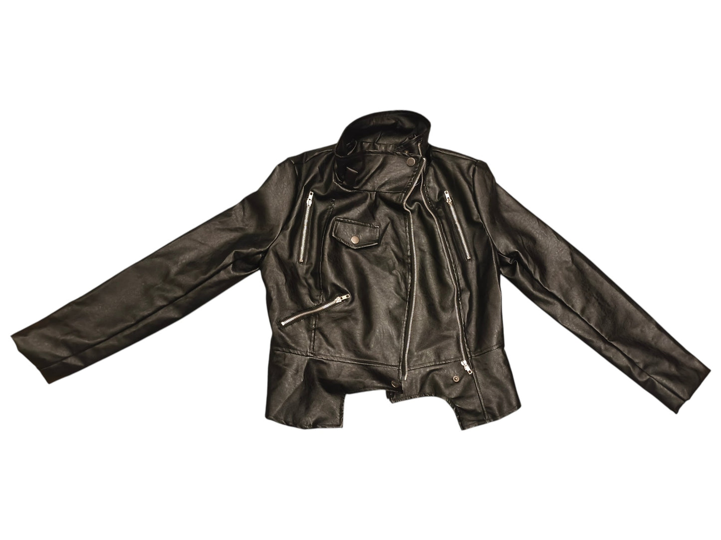 Women's Black Faux Leather Moto Biker Jacket - Zip Accents - Fits like a Medium