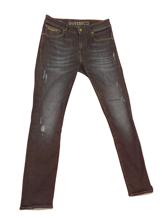 GUESS GUESSECO Distressed Slim Jeans Mens 29 Dark Wash U-Stretch M93AN2