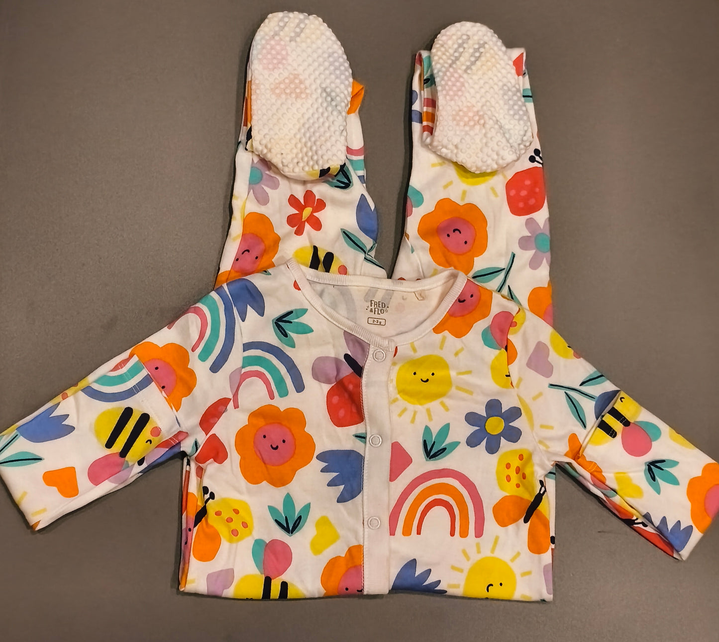 F&F Fred & Flo Floral Rainbow Sun Print Footed Sleepsuit Babygrow | 100% Cotton 2-3Y / 98cm