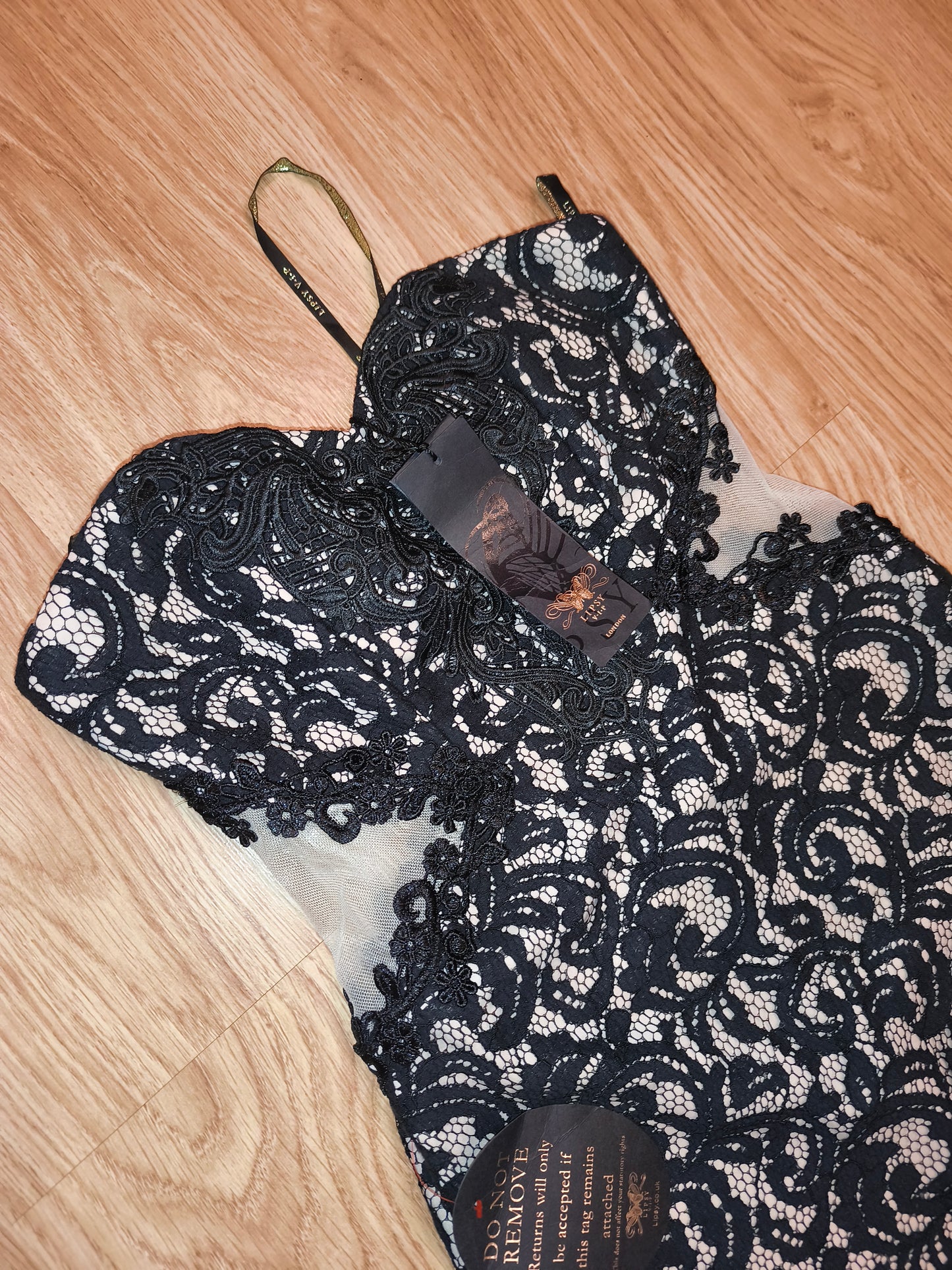 NWT Lipsy London VIP Lace Cocktail Dress – Black & Nude Strapless Bodycon, UK 10 / EU 38