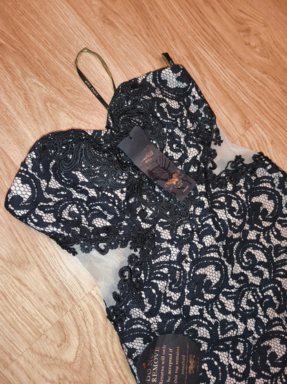 NWT Lipsy London VIP Lace Cocktail Dress – Black & Nude Strapless Bodycon, UK 10 / EU 38