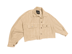 ZARA Woman kurze Cordjacke im Hemdjacken-Stil, Beige-Tan, Small S, offene Saumkanten, Oversize