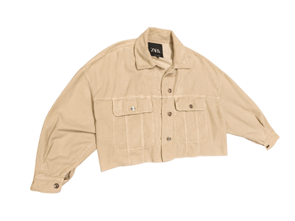 ZARA Woman Cropped Corduroy Jacket Shacket Beige Tan Small S Raw Hem Oversized