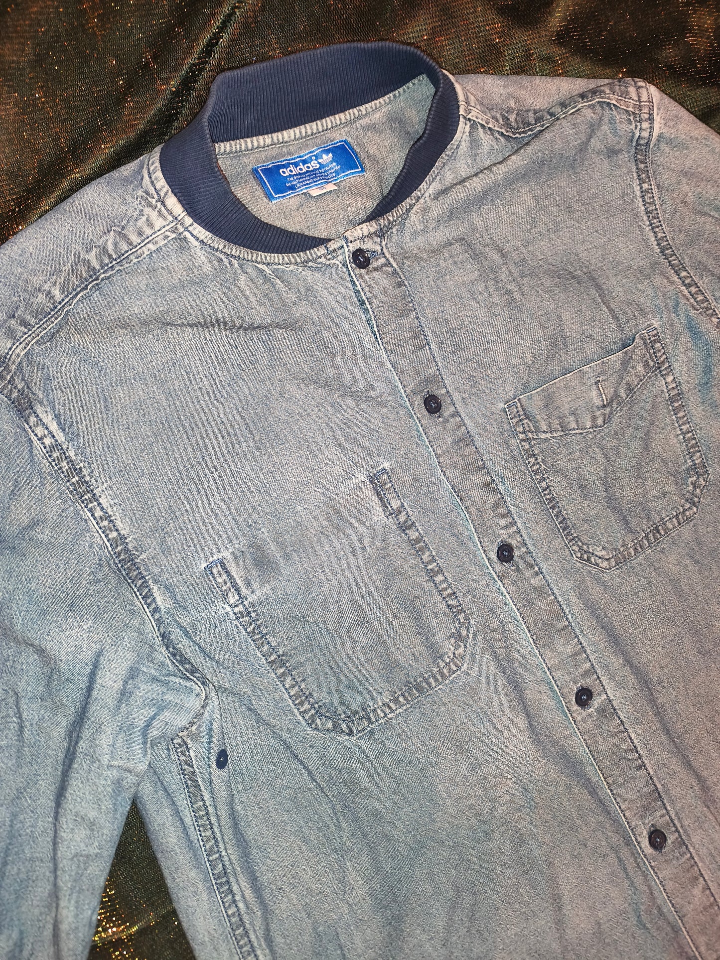 Adidas Originals Denim Chambray Shirt Men's 50 Medium Bomber Collar Zip Back