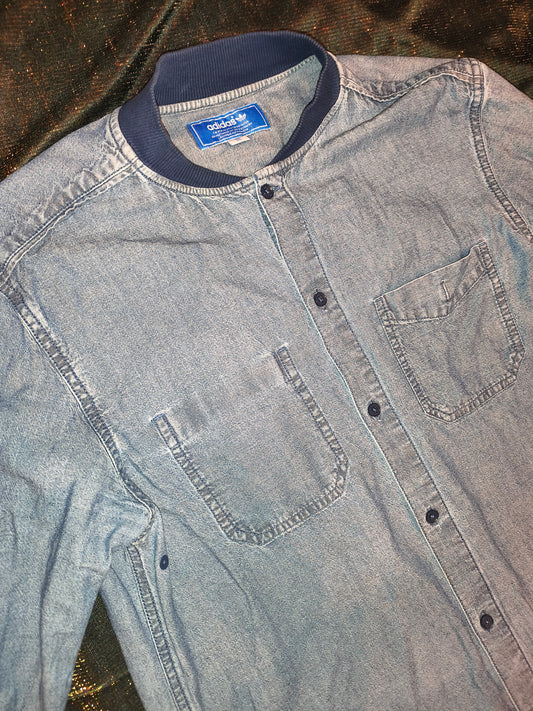 Adidas Originals Denim Chambray Shirt Men's 50 Medium Bomber Collar Zip Back