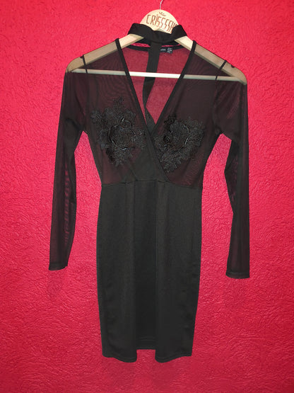 Jordyn Woods x Boohoo Sheer Mesh Floral Appliqué Choker Mini Dress – Black / UK 10 (EUR 38)