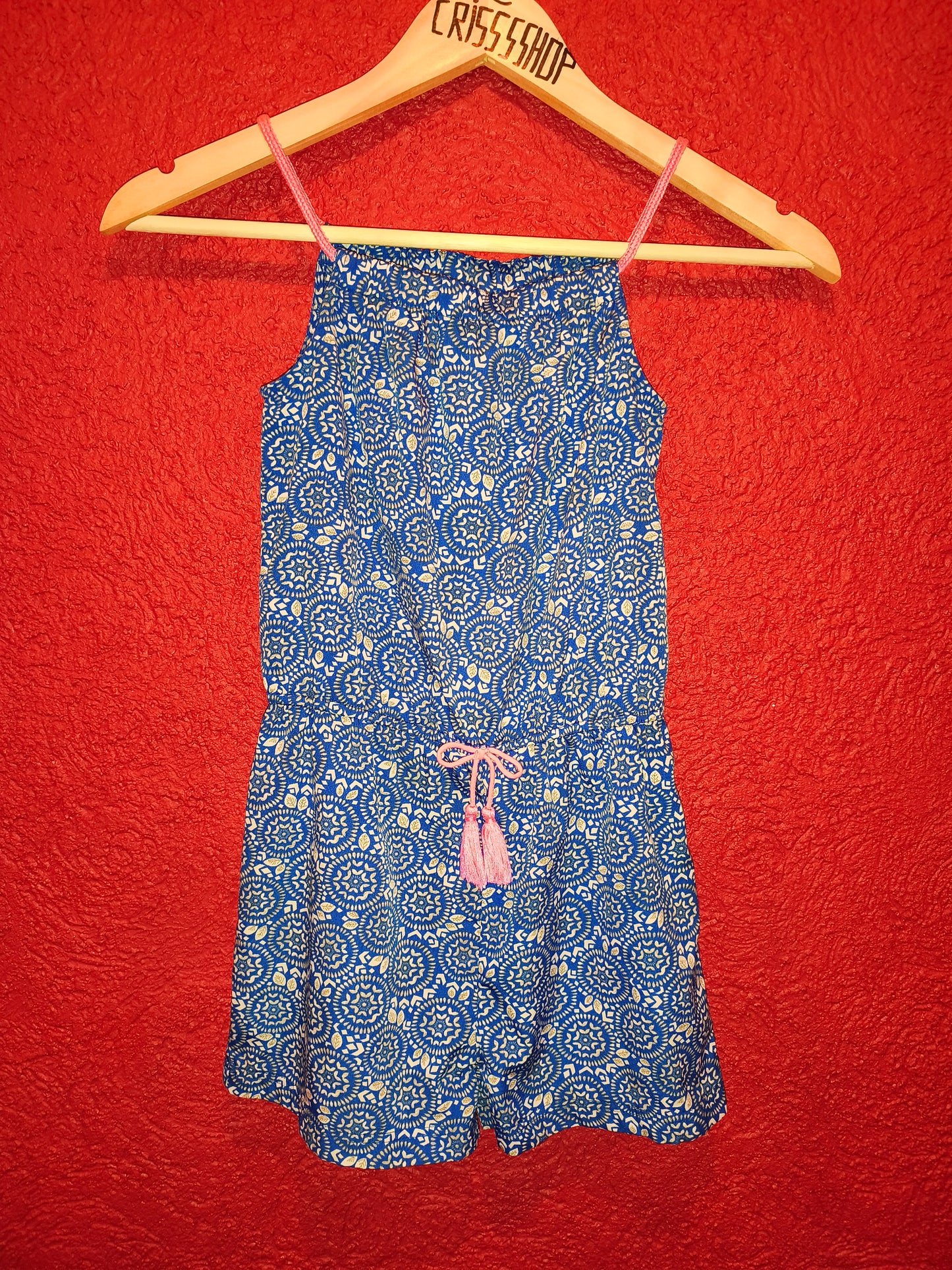 Girls Printed Summer Playsuit / Romper with Pink Tassels – Blue Patterned
