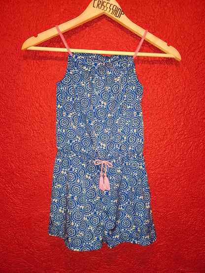 Girls Printed Summer Playsuit / Romper with Pink Tassels – Blue Patterned