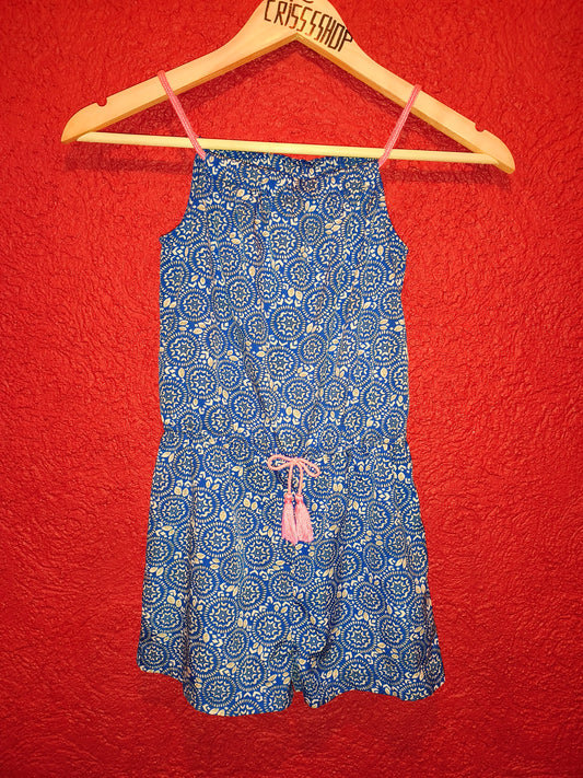 Girls Printed Summer Playsuit / Romper with Pink Tassels – Blue Patterned