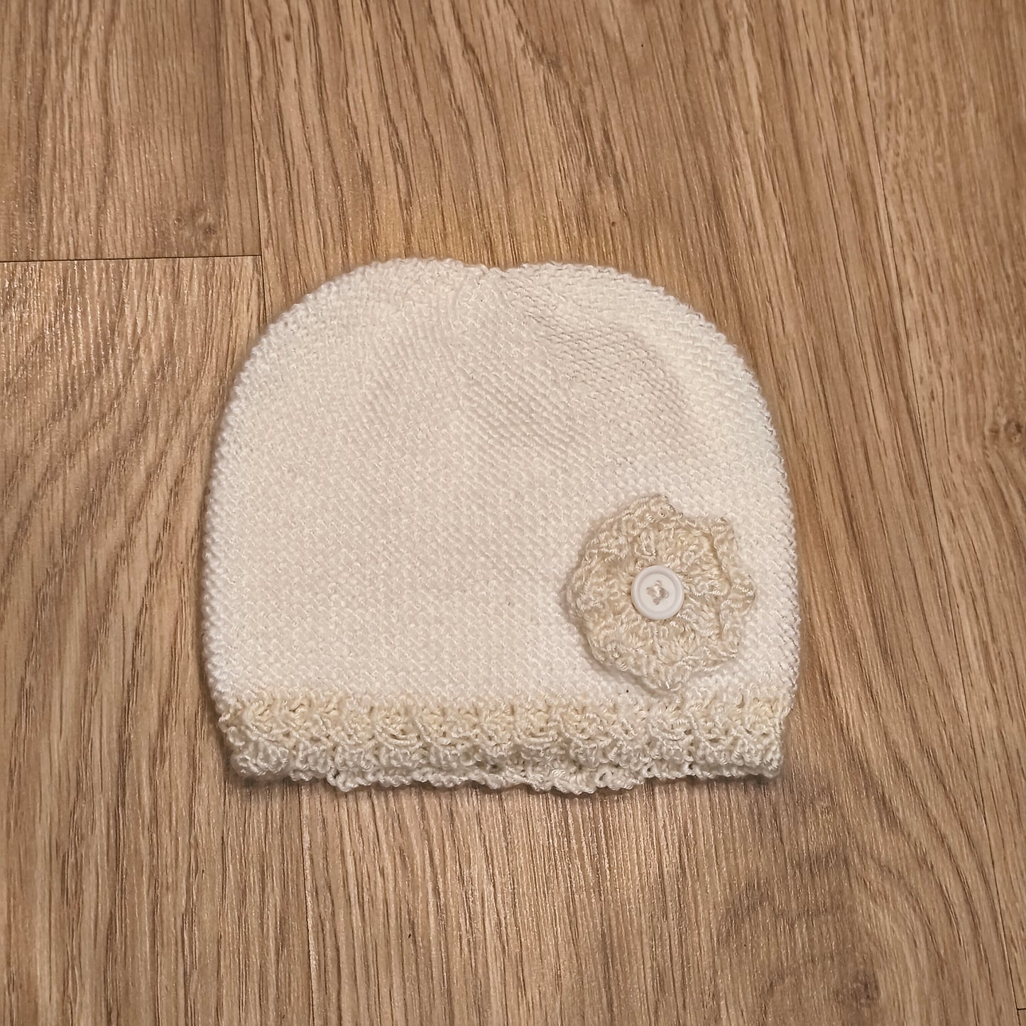 Off White Cream Knit Beanie Hat Crochet Flower Button Accent Winter Warm