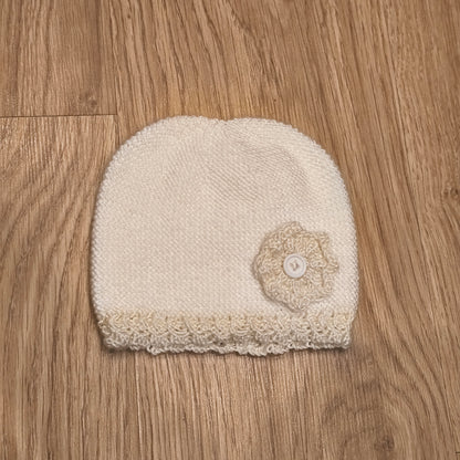 Off White Cream Knit Beanie Hat Crochet Flower Button Accent Winter Warm