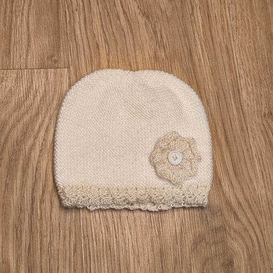 Off White Cream Knit Beanie Hat Crochet Flower Button Accent Winter Warm