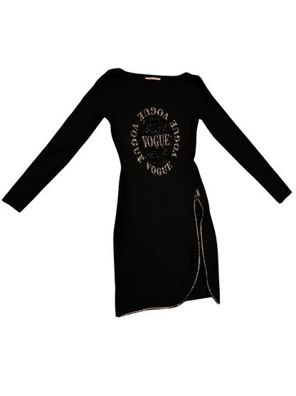 Rosy Days Black Bodycon Mini Dress Rhinestone Vogue Logo Crystal Zip Size TU