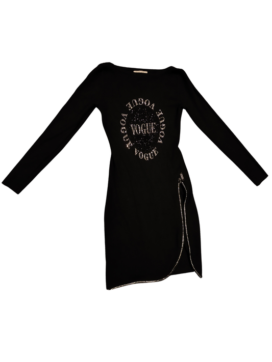 Rosy Days Black Bodycon Mini Dress Rhinestone Vogue Logo Crystal Zip Size TU