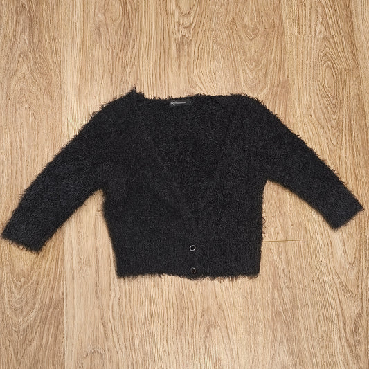 Internacionale Black Fluffy Eyelash Knit Cropped Cardigan Sweater Size 8