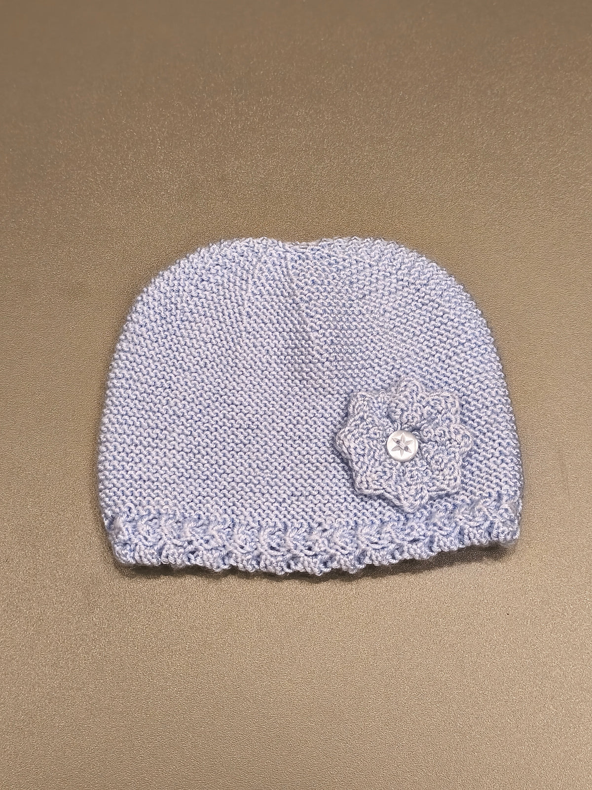 Hand-Knit Baby Girl Beanie Hat with Crochet Flower Detail | Light Blue (0-6M)
