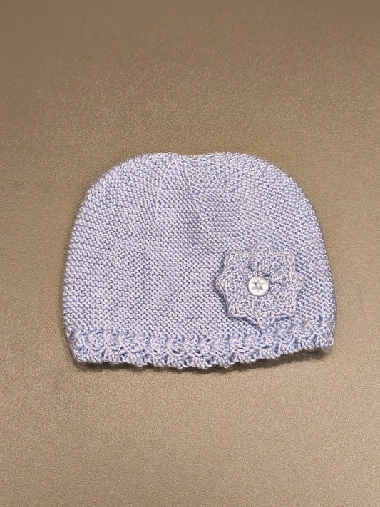 Hand-Knit Baby Girl Beanie Hat with Crochet Flower Detail | Light Blue (0-6M)